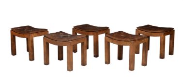 A SET OF FIVE BUTTONED LEATHER AND CLAD STOOLS