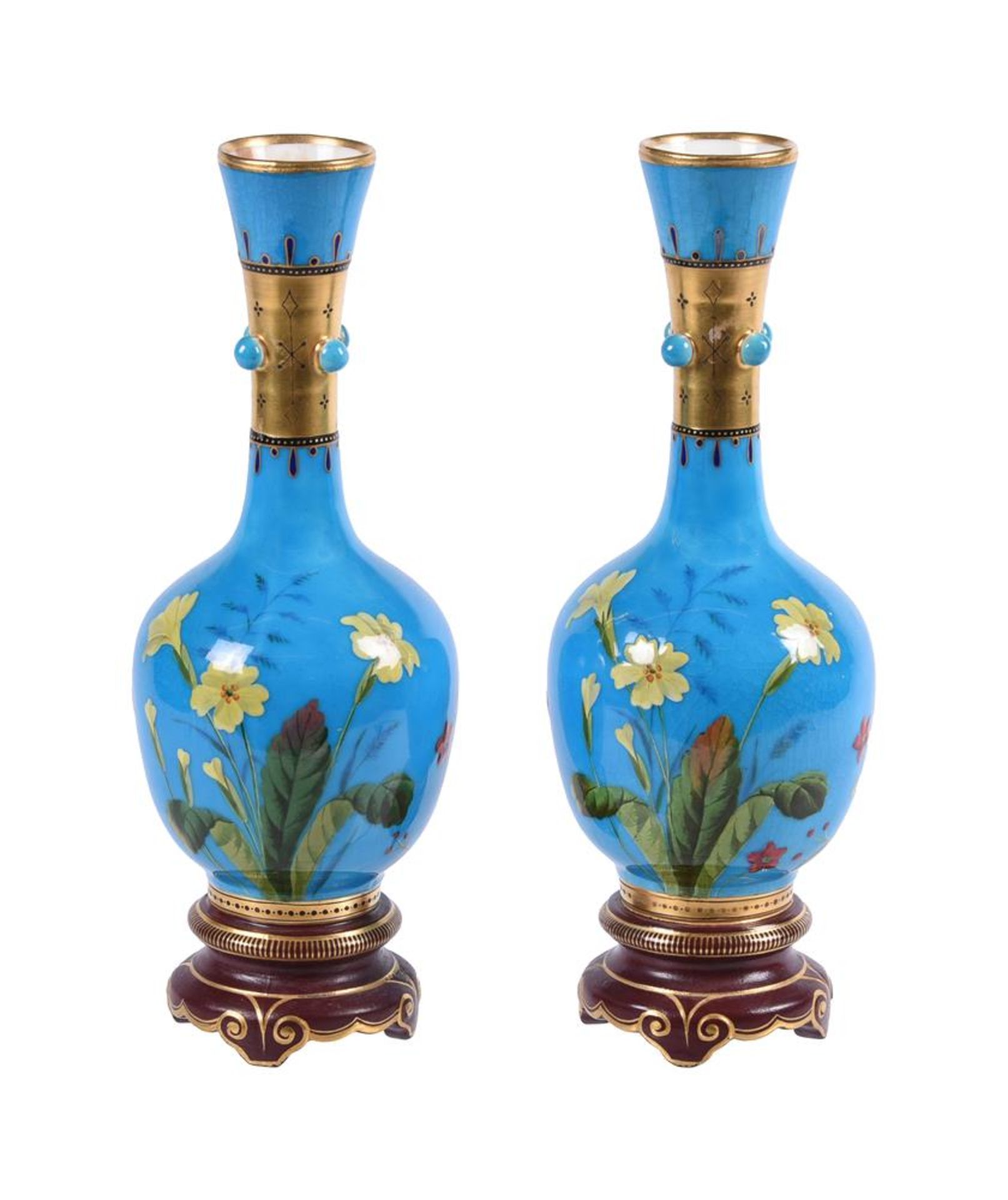 MINTON, PROBABLY CHRISTOPHER DRESSERA PAIR OF AESTHETIC MOVEMENT BLEU CELESTE GEROUND SLENDER VASES