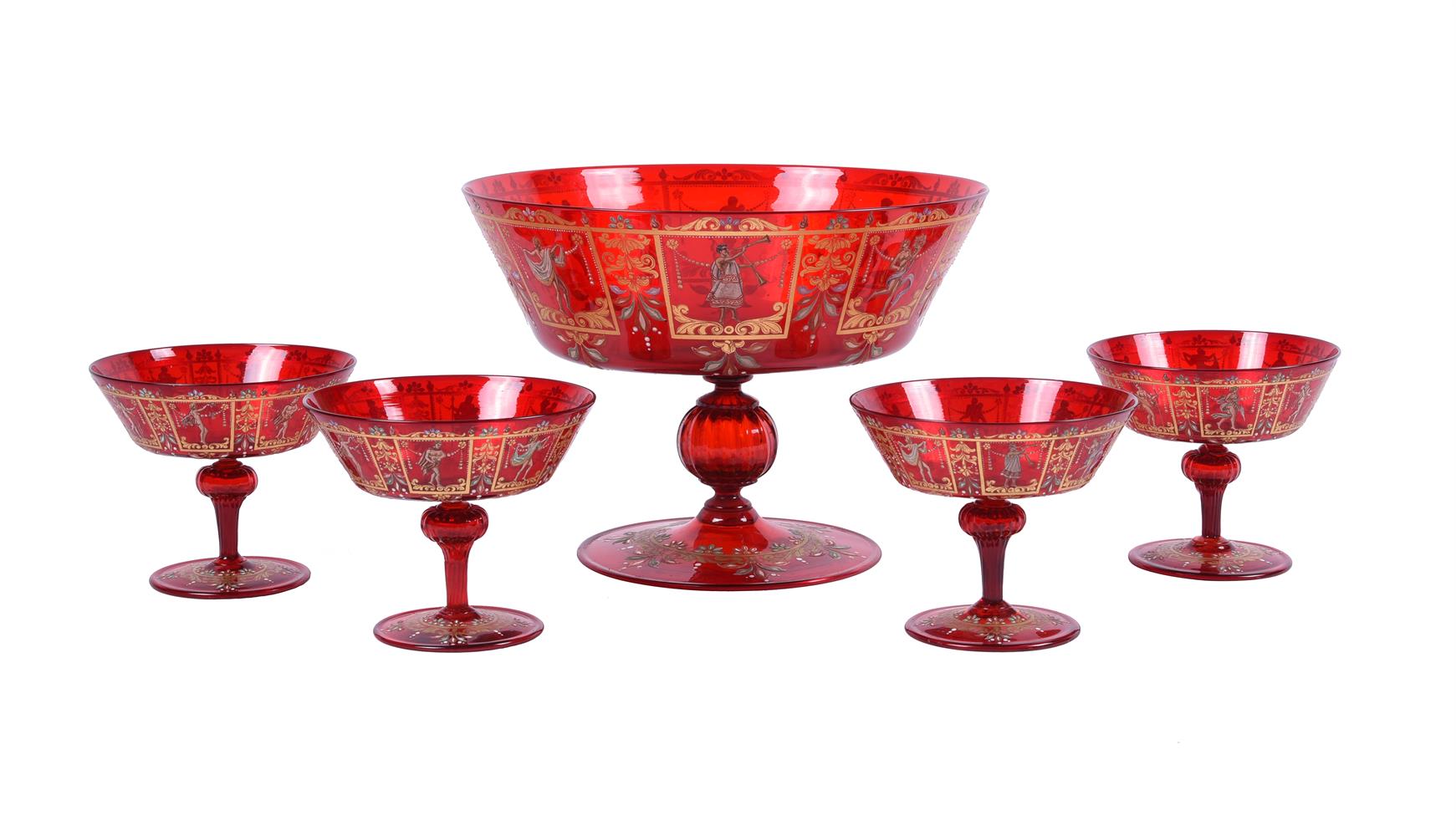 A VENETIAN RUBY GLASS, ENAMELLED AND GILT PEDESTAL BOWL