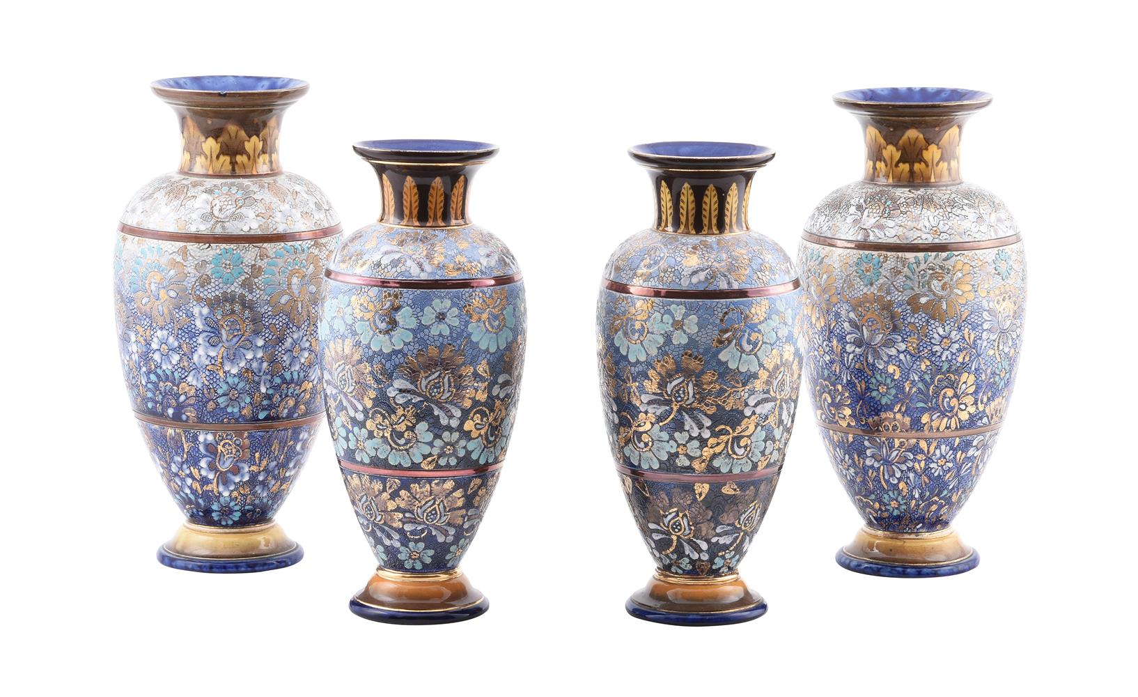 TWO PAIRS OF DOULTON LAMBETH 'SLATER'S PATENT' VASES