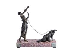 AN ART DECO METAL AND MARBLE MODEL OF A LADY AND HOUNDS