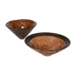 λ MIKE CHAI SCOTT (b.1943), TWO TURNED AND PARTIALLY SCORCHED BURR WOOD BOWLS