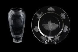 A CZECH CLEAR AND ENGRAVED GLASS TOPOGRAPHICAL CHARGER WITH PROMINENT PRAGUE LANDMARKS