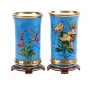 A PAIR OF MINTON AESTHETIC MOVEMENT BLEU CELESTE GROUND CYLINDRICAL VASES