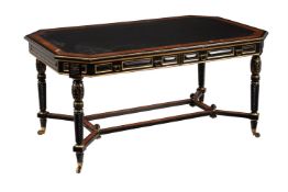 A VICTORIAN AESTHETIC MOVEMENT EBONISED, PARCEL GILT AND AMBOYNA LIBRARY TABLE