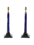 A PAIR OF BLUE CUT GLASS TABLE LAMPS