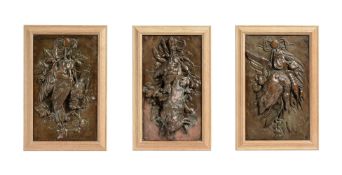 A SET OF THREE BRONZE AND OAK MOUNTED GAME TROPHIES