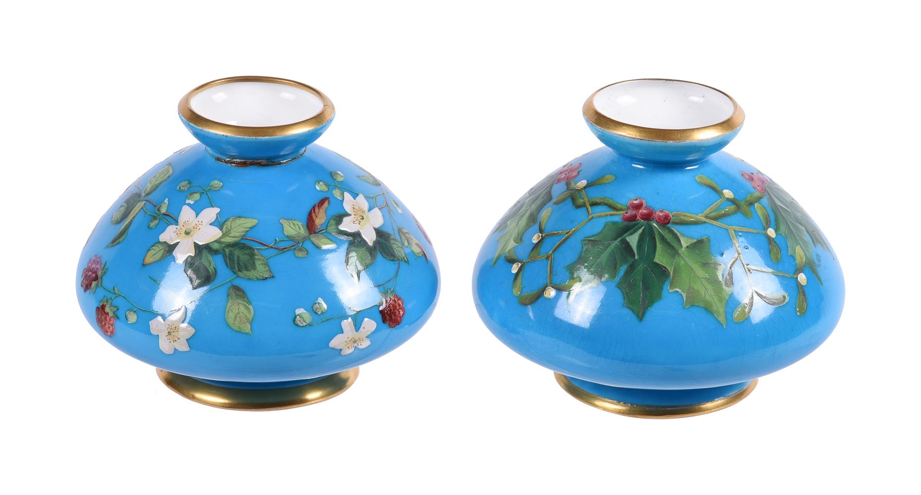 TWO SIMILAR MINTON AESTHETIC MOVEMENT BLEU CELESTE SQUAT BOTTLE VASES