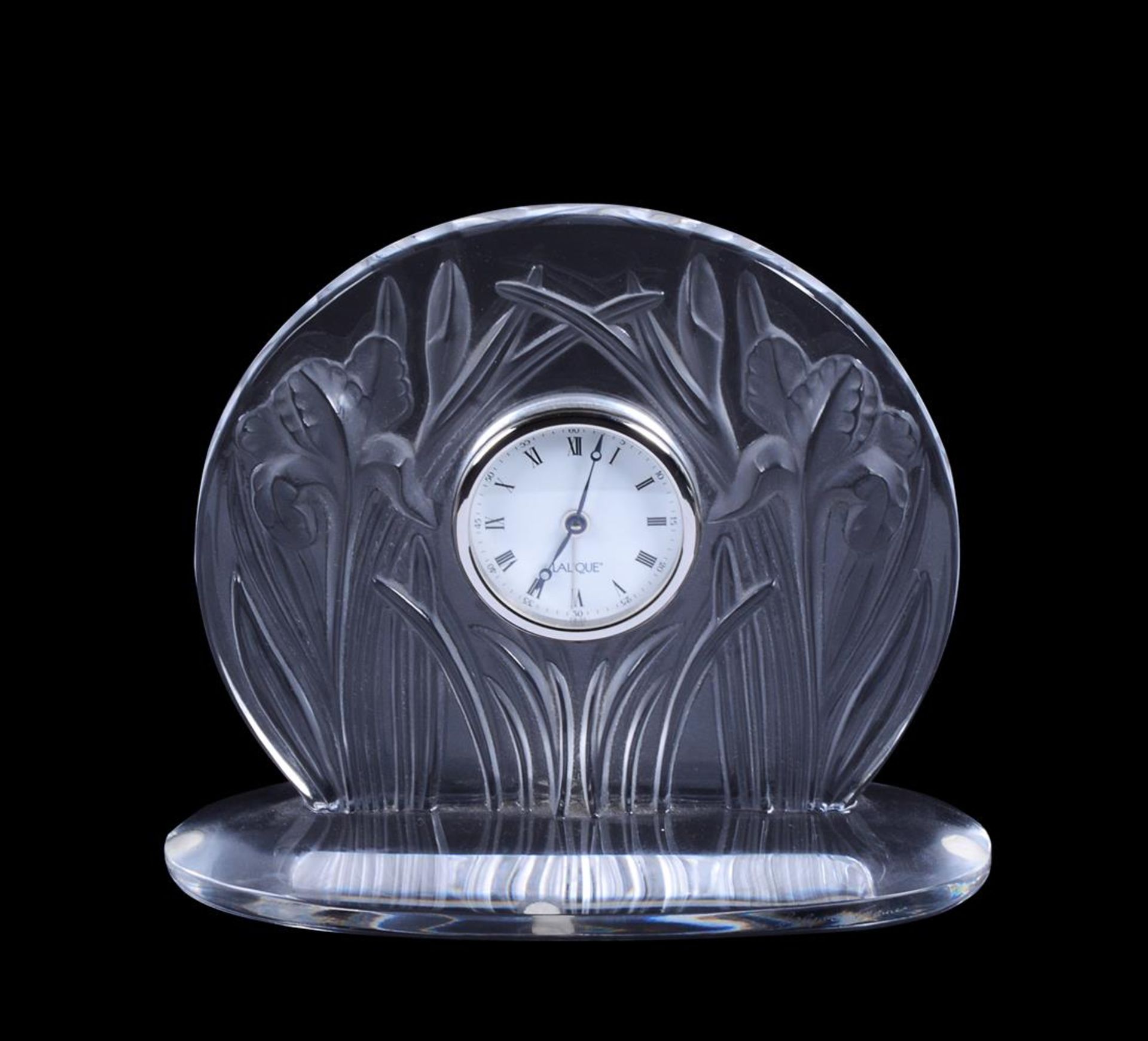 LALIQUE, CRYSTAL LALIQUE, IRIS, A CLEAR AND FROSTED GLASS TIMEPIECE