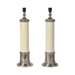 A PAIR OF CHROME AND SIMULATED SHAGREEN COLUMNAR TABLE LAMPS