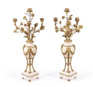 A PAIR OF WHITE MARBLE AND GILT METAL MOUNTED CANDELABRA