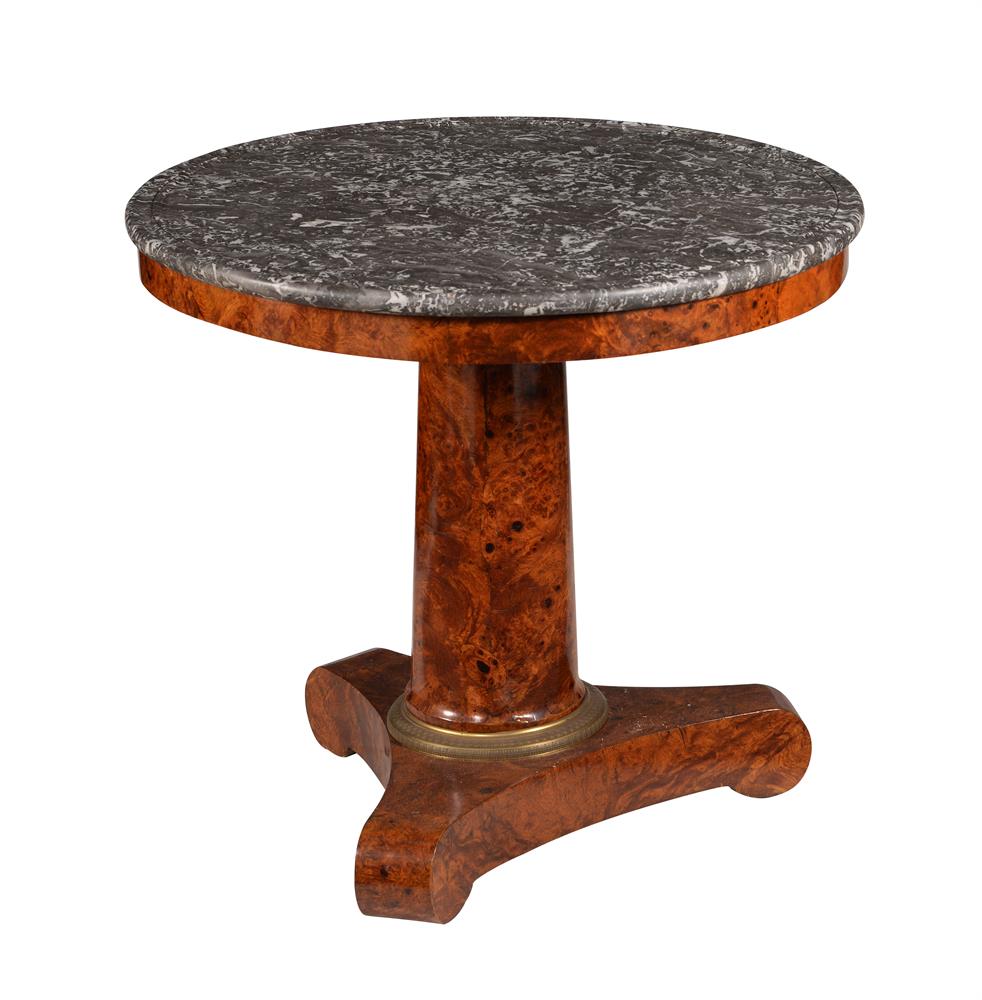 A LOUIS PHILIPPE FIGURED WALNUT AND MARBLE TOPPED CENTRE TABLE