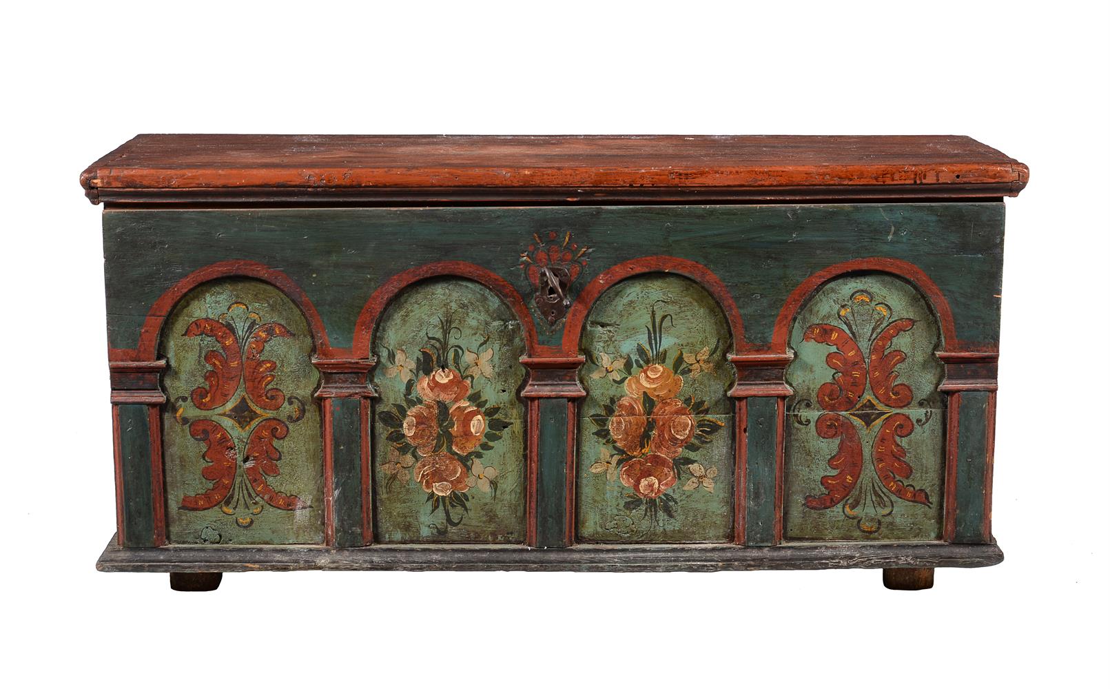 A POLYCHROME PAINTED PINE TRUNK OR MARRIAGE CHEST