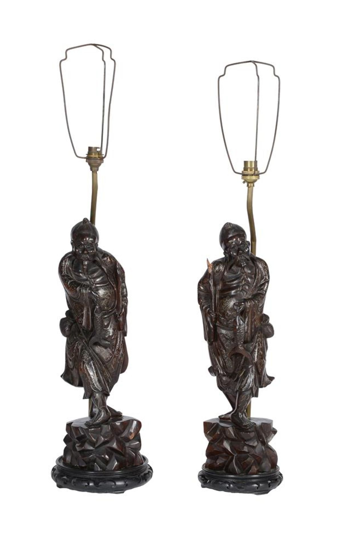 A PAIR OF ORIENTAL HARDWOOD AND WIRE INLAID TABLE LAMPS