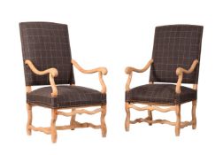 A PAIR OF STRIPPED BEECH AND UPHOLSTERED OPEN ARMCHAIRS IN LOUIS XIV STYLE
