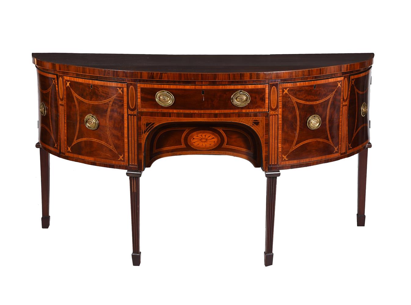 A GEORGE III MAHOGANY, SATINWOOD BANDED, AND INLAID SIDEBOARD