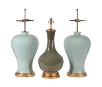 A MODERN PAIR OF LARGE PALE GREEN TABLE LAMPS IN CHINESE TASTE