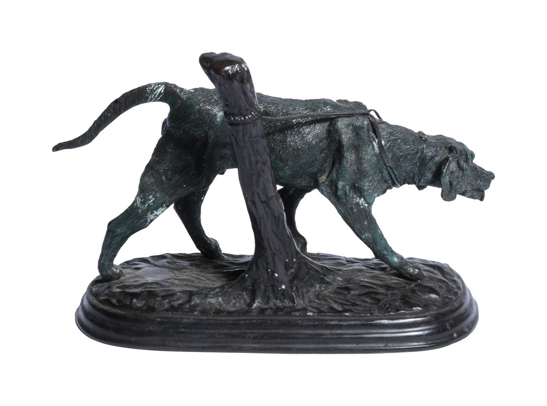 A PATINATED BRONZE MODEL OF A TETHERED HOUND - Image 3 of 3