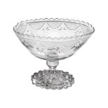 AN IRISH, POSSIBLY CORK, CUT GLASS NAVETTE SHAPED PEDESTAL BOWL