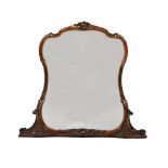 A WALNUT AND PARCEL GILT OVERMANTEL WALL MIRROR IN FRENCH TASTE