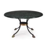 A WROUGHT METAL AND SIMULATED MARBLE TOPPED CENTRE TABLE