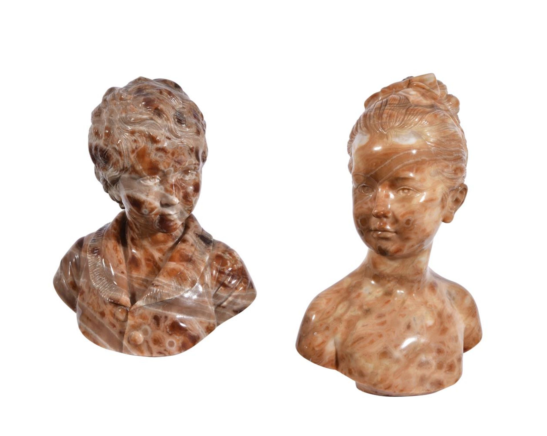 AFTER JEAN-ANTOINE HOUDON, A PAIR OF SCULPTED ALABASTER BUSTS OF LOUISE AND ALEXANDRE BRONGNIART