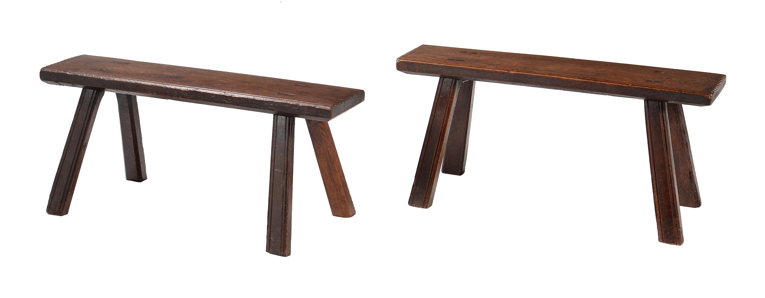 TWO SIMILAR OAK LOW BENCHES OR 'PIG STOOLS' IN 18TH CENTURY STYLE