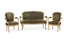 A SUITE OF GILTWOOD SEAT FURNITURE COMPRISING A CANAPE AND A PAIR OF FAUTEUILSIN LOUIS XV STYLE