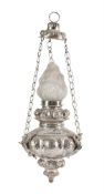AN ITALIAN SILVERED METAL HANGING 'SANCTUARY' LAMP, 19TH CENTURY IN THE 17TH CENTURY MANNER