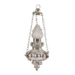 AN ITALIAN SILVERED METAL HANGING 'SANCTUARY' LAMP, 19TH CENTURY IN THE 17TH CENTURY MANNER