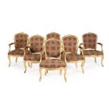 A SET OF SIX GEORGE III GILTWOOD AND TAPESTRY UPHOLSTERED ARMCHAIRS IN LOUIS XV STYLE