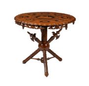 A SWISS WALNUT, BURR WALNUT, AND INLAID CENTRE TABLE