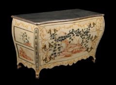 A FRENCH CREAM AND POLYCHROME PAINTED COMMODE IN LOUIS XV STYLE