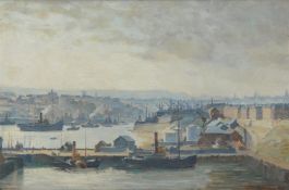 λ CHARLES ERNEST CUNDALL (BRITISH 1890-1971), A PORT VIEW WITH CITY BEYOND