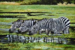 LARRY NORTON (ZIMBABWEAN B. 1963), ZEBRAS AT THE WATERING HOLE