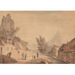 J [H/C] W. TOBIN (18TH CENTURY), FIGURES BESIDE A STREET WITH A MOUNTAINOUS LANDSCAPE BEYOND