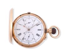 UNSIGNED, SWISS 18 CARAT GOLD KEYLESS WIND FULL HUNTER CHRONOGRAPH POCKET WATCH