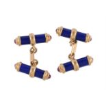 A PAIR OF 18 CARAT GOLD, LAPIS LAZULI AND RUBY CUFFLINKS