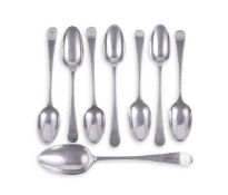 SEVEN GEORGE III SILVER OLD ENGLISH FEATHER EDGE DESSERT SPOONS VARIOUS MAKES AND DATES
