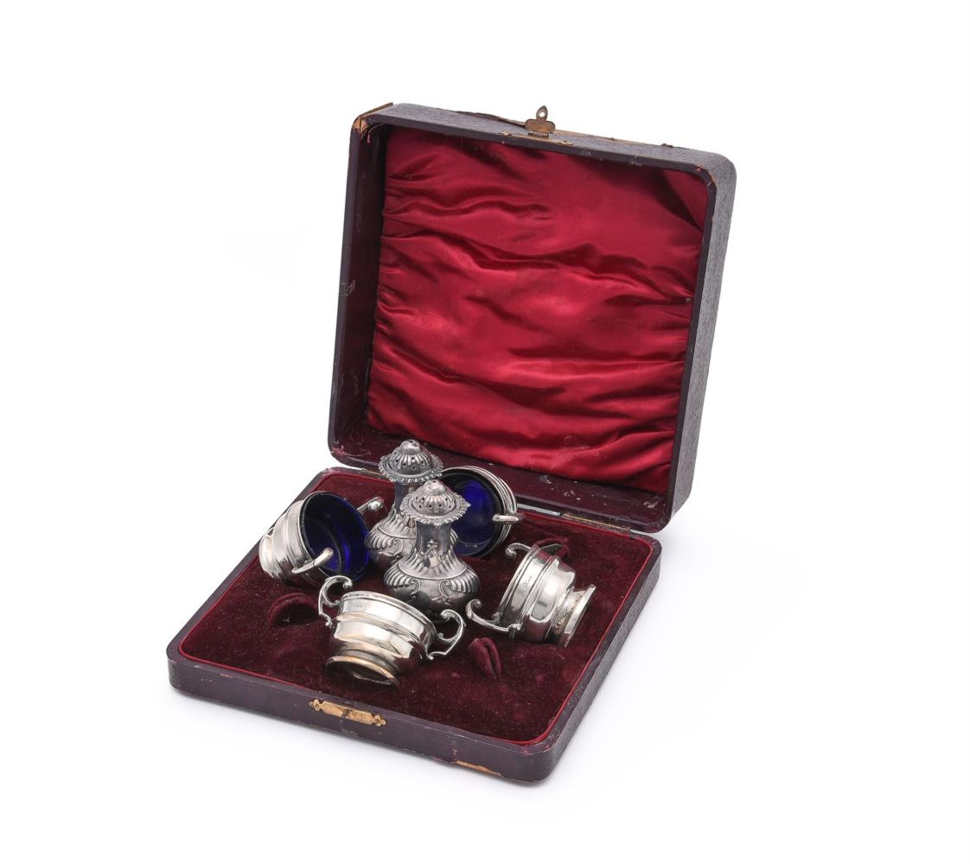 A CASED SET OF FOUR EDWARDIAN SILVER TWIN HANDLED SALTS