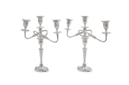 A PAIR OF SILVER THREE LIGHT CANDELABRA, ALEXANDER SMITH