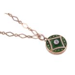 AN EDWARDIAN DIAMOND AND GREEN ENAMEL PENDANT ON LATER CHAIN