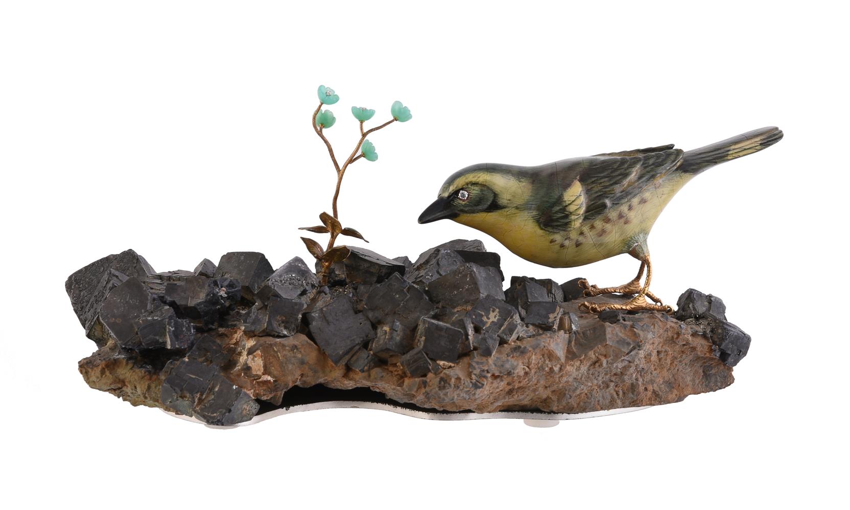 AN ITALIAN, ENAMEL AND DIAMOND SET FLORAL BIRD ORNAMENT