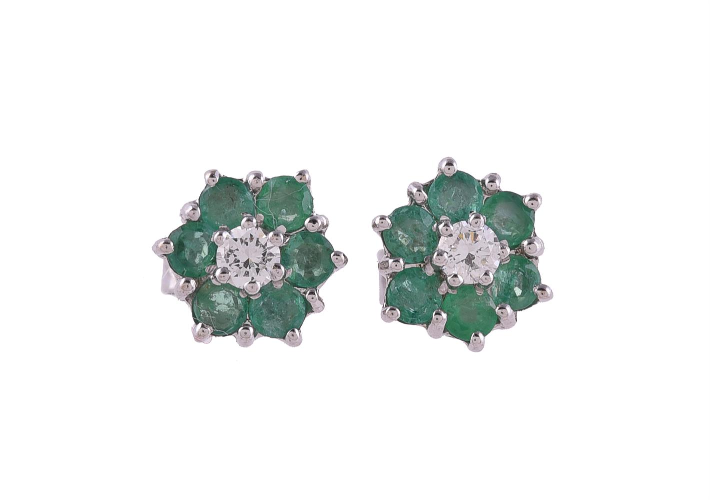 A PAIR OF EMERALD AND DIAMOND CLUSTER EAR STUDS