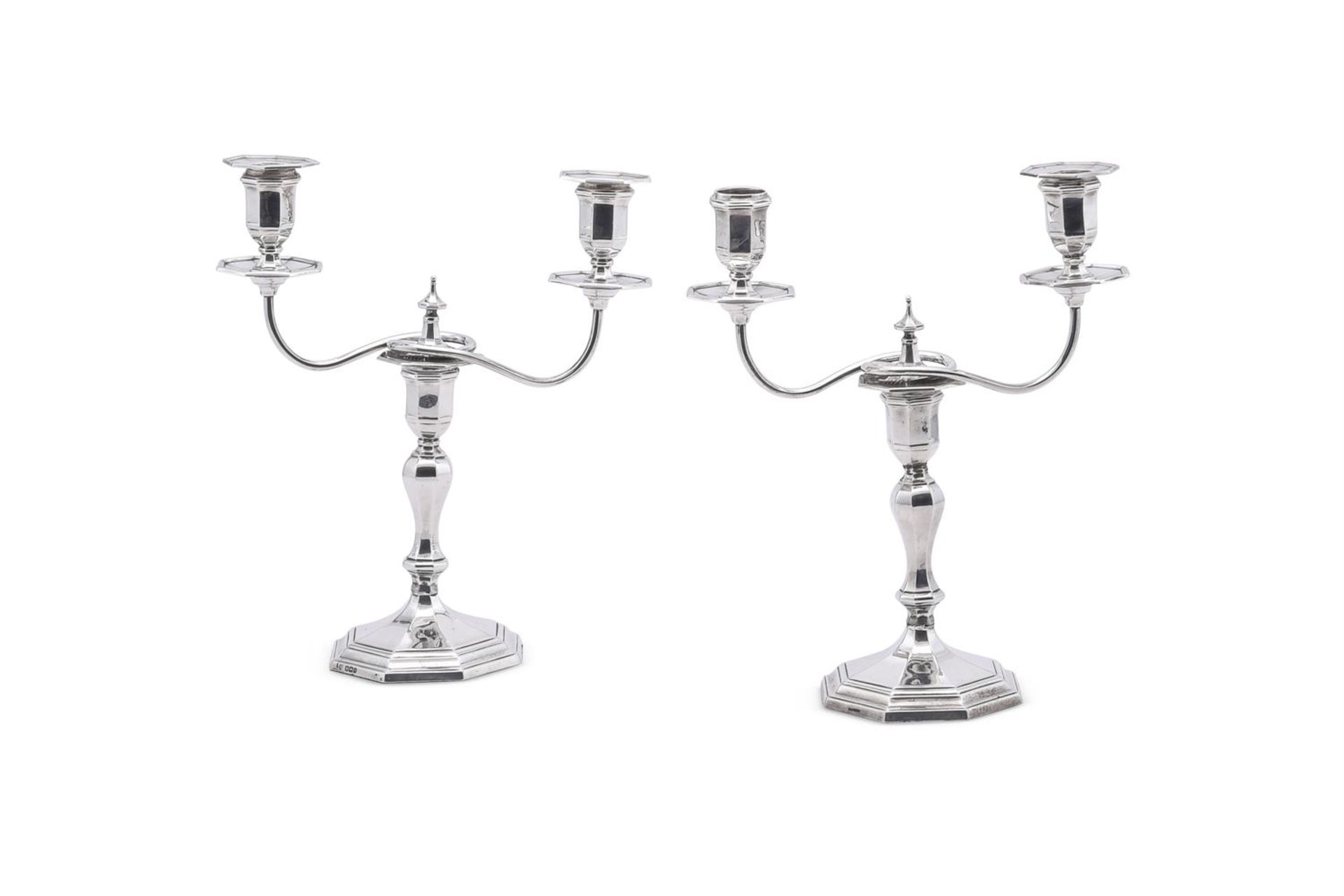 A MATCHED PAIR OF EDWARDIAN SILVER TWO BRANCH CANDELABRA