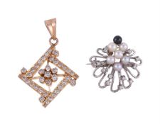 A DIAMOND PENDANT AND A DIAMOND AND CULTURED PEARL BROOCH/PENDANT