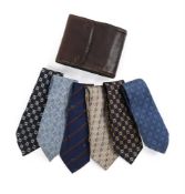 GUCCI, SIX SILK TIES AND A LEATHER TRAVEL CASE