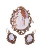 A PAIR OF VICTORIAN SHELL CAMEO EAR PENDANTS AND A SIMILAR SHELL CAMEO BROOCH