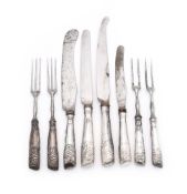 NINE FORKS AND SIXTEEN KNIVES WITH SILVER COLOURED HANDLES STAMPED STERLING OR MC ONLY