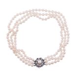 A SAPPHIRE, DIAMOND AND CULTURED PEARL NECKLACE